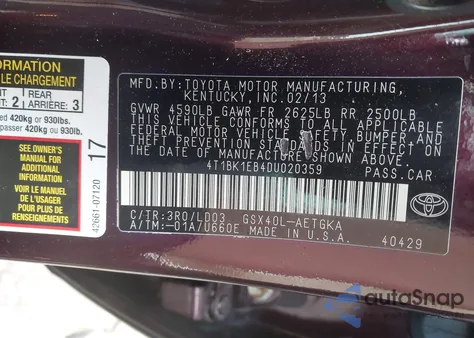 2013 Toyota Avalon Xle из США, поврежденный, VIN 4T1BK1EB4DU020359